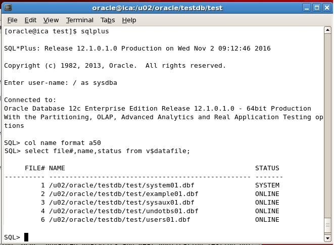 sqlplus datafiles